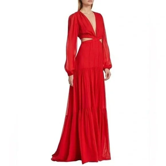 NWT A.L.C. Isabelle Cutout Long Sleeve Tiered 100% Silk Maxi Dress Sz 0 - Picture 3 of 6